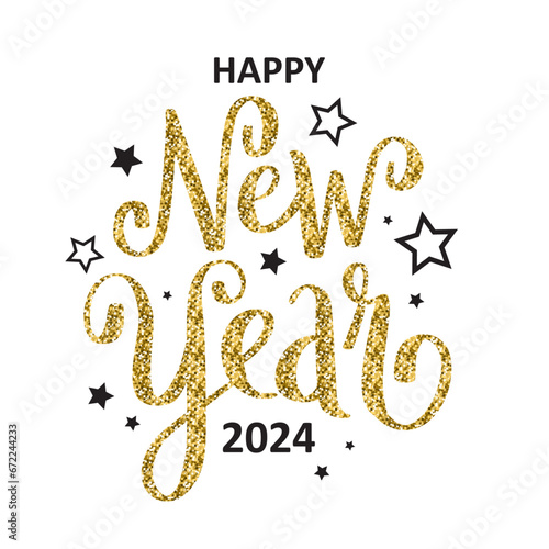 HAPPY NEW YEAR 2024 gold glitter vector brush calligraphy banner with stars on white background
