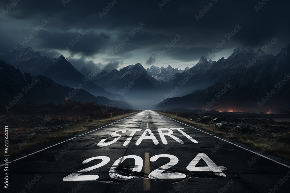Start new year 2024 or straight forward concept. Road in the middle of