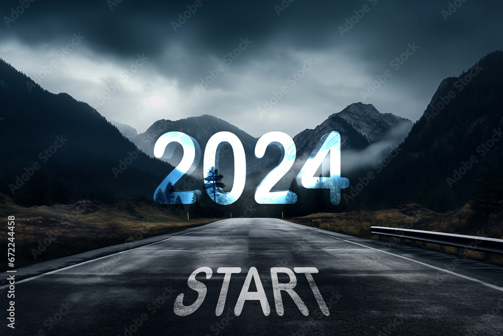 Start new year 2024 or straight forward concept. Road in the middle of