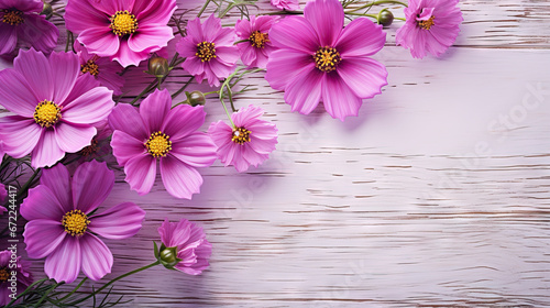  a bunch of pink flowers on a white wooden background with space for text.  generative ai