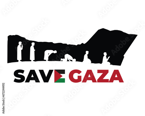 A vector of Gaza strip and silhouette Muslim prayer movement with Save Gaza word.