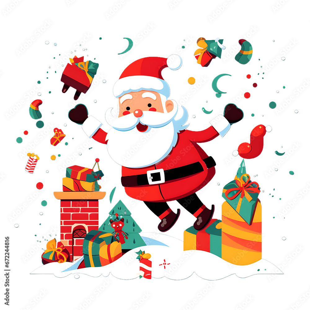 Santa Claus with gifts and decorations. Watercolor cartoon on Christmas and New Year gift concept.