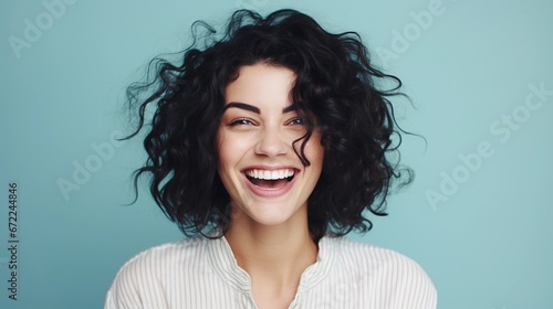 Portrait of a black hair white female with Overjoyed and Thrilled expression against pastel background with space for text, background image, AI generated photo