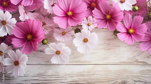  a bunch of pink and white flowers on a wooden surface.  generative ai