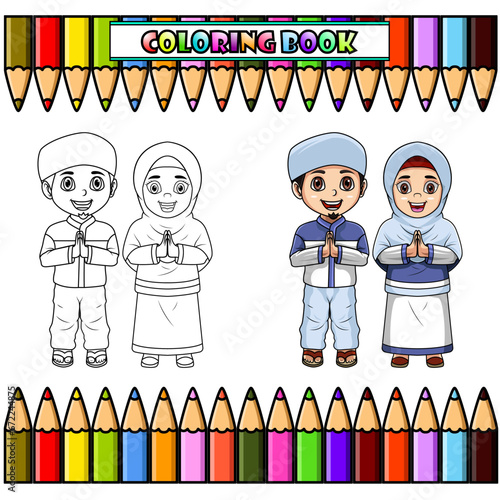Happy couple muslim kids cartoon for coloring book