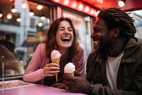 Multiracial couple, happy, eating ice cream.