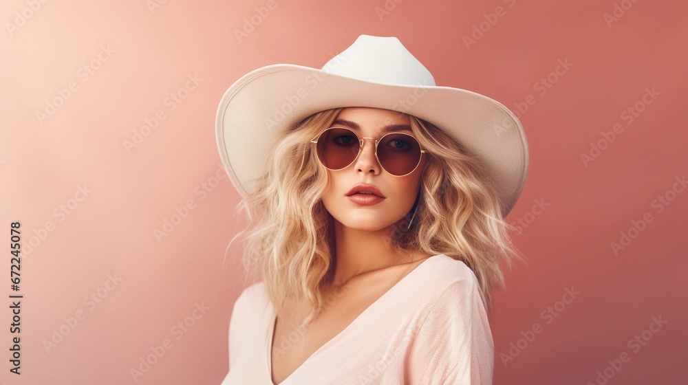 Portrait of a blonde hair white female wearing sunglasses and hat with Delighted expression against pastel background with space for text, background image, AI generated Portrait of a blonde hair white female wearing sunglasses and hat with Delighted expression against pastel background with space for text, background image, AI generated