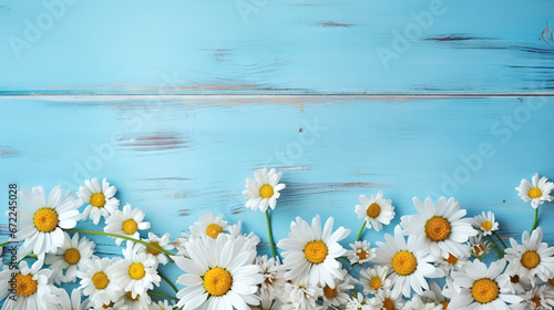  a bunch of daisies on a blue wooden background with space for text.  generative ai © Shanti