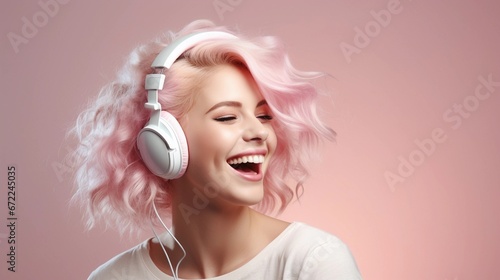 Portrait of a blonde hair white female wearing headphone with Overjoyed and Thrilled expression against pastel background with space for text, background image, AI generated