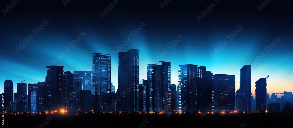 Silhouette of the cityscape with sky dyed blue view. AI generated image