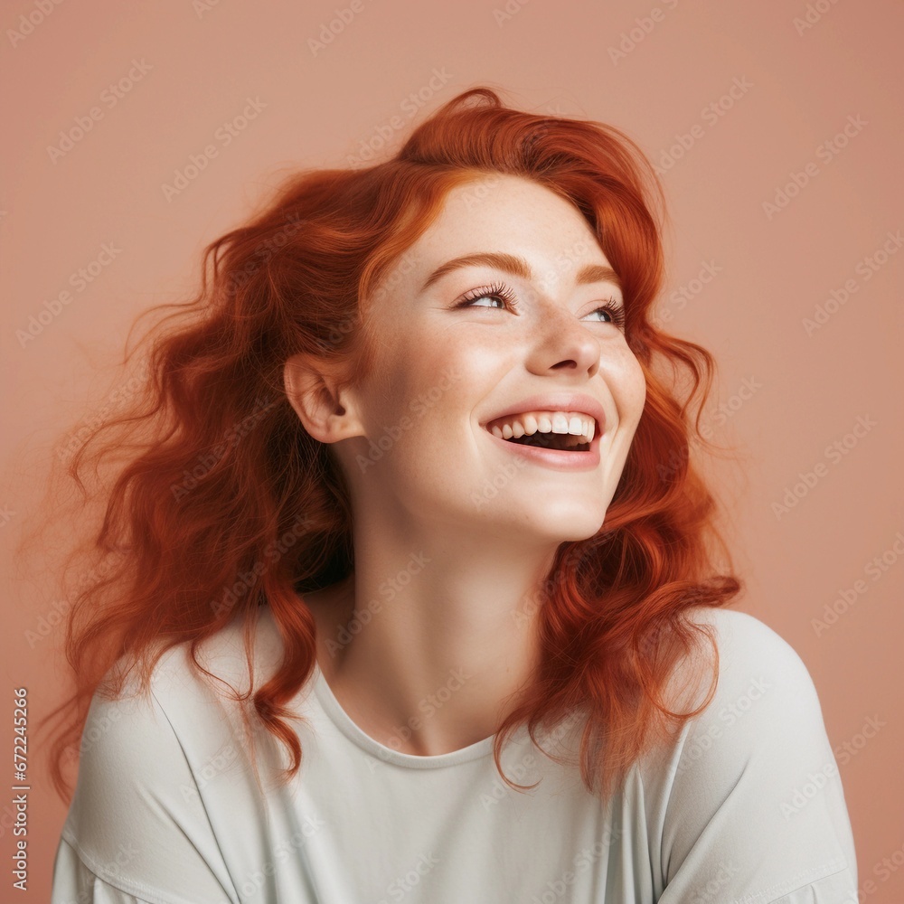 Portrait of a red hair white female with Overjoyed and Thrilled expression against pastel background with space for text, background image, AI generated Portrait of a red hair white female with Overjoyed and Thrilled expression against pastel background with space for text, background image, AI generated