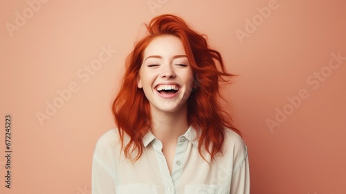 Portrait of a red hair white female with Overjoyed and Thrilled expression against pastel background with space for text, background image, AI generated photo