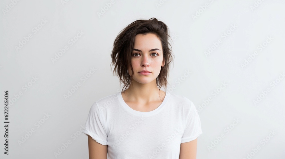 Portrait of a woman with a disappointed expression against white background with space for text, background image, AI generated - obrazy, fototapety, plakaty 