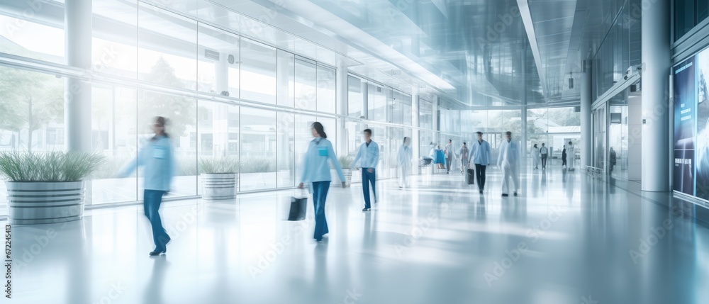 blurred doctors and patients walking in hall of modern office or medical institution hospital