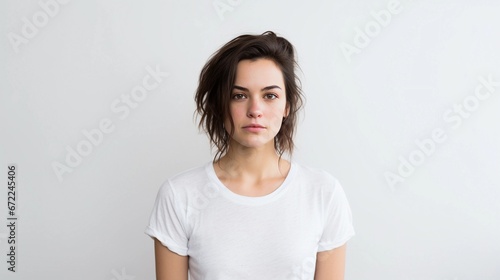 Portrait of a woman with a disappointed expression against white background with space for text, background image, AI generated photo