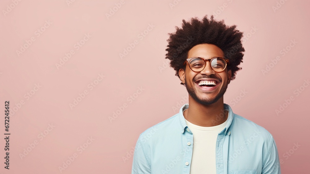 Obraz premium Portrait of an afro-american male wearing glasses with Blissful expression against pastel background with space for text, background image, AI generated