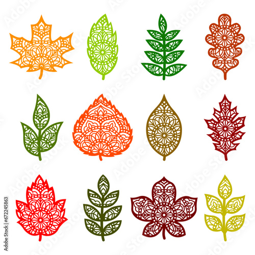 Mandala Leaves. Vector paper cut templates. Leaf silhouette. Flat style. Isolated on white background. Autumn leaf with mandala pattern. Decorative element for card, wall art.