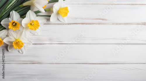  a bunch of white and yellow flowers on a white table.  generative ai © Shanti