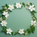 space for text on green pastel background surrounded jasmines flowers from top view, background image, AI generated