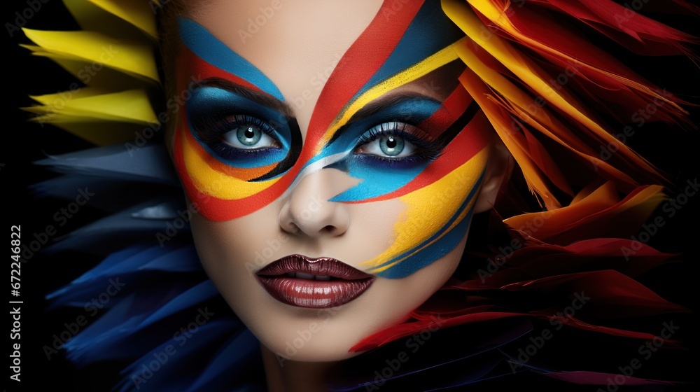 Portrait of a fashion model girl with extravagant colorful creative art makeup. Abstract makeup splash with colored feathers