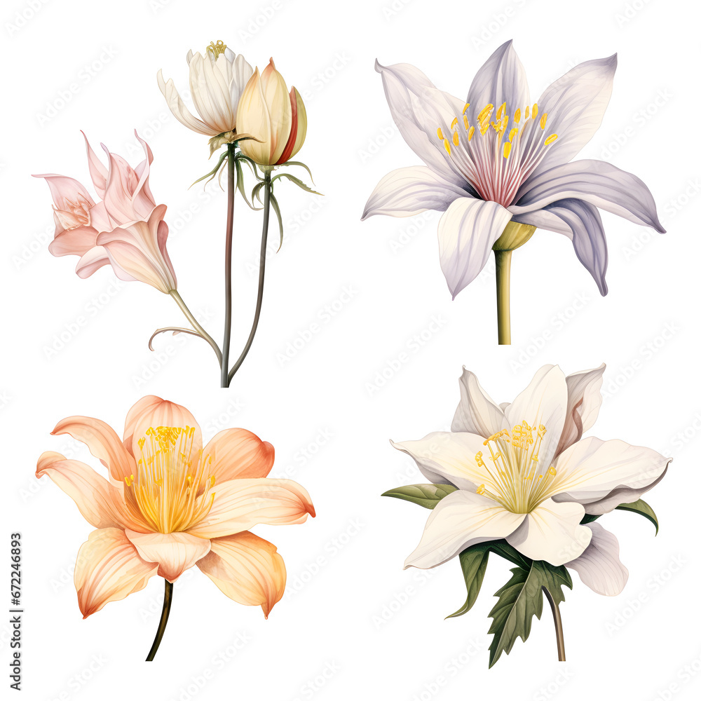 illustration of a flower, A botanical illustration of flower, petals, stamen and pistil on white background.