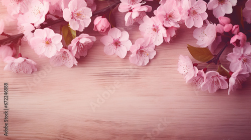  a bunch of pink flowers on a wooden surface with a place for text.  generative ai