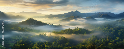 Mystic Fog Over Tropic Jungle Valley Panorama