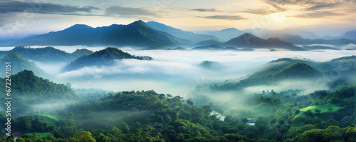 Mystic Fog Over Tropic Jungle Valley Panorama © John Boss