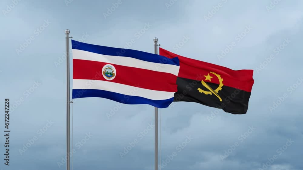 Costa Rico flag and Angola flag waving together on cloudy sky, endless seamless loop Costa Rico flag and Angola flag waving together on cloudy sky, endless seamless loop