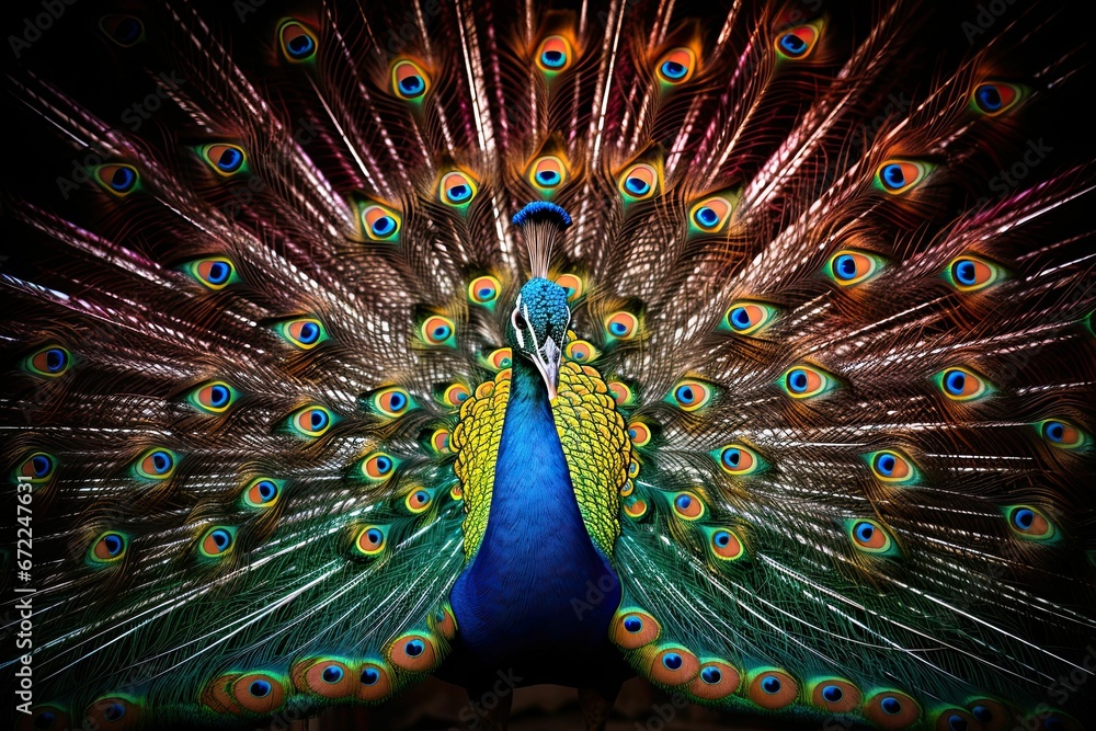Obraz premium AI generated illustration of a vibrant peacock, proudly displaying its majestic plumage