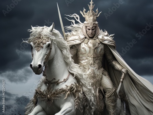 White horseman of apocalypse warrior in golden armor riding white horse AI