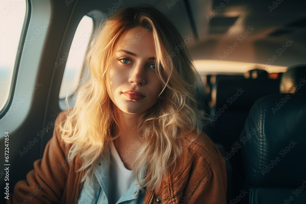 Generative AI picture portrait of young casual dressed traveler person inside modern jet plane looking window Generative AI picture portrait of young casual dressed traveler person inside modern jet plane looking window