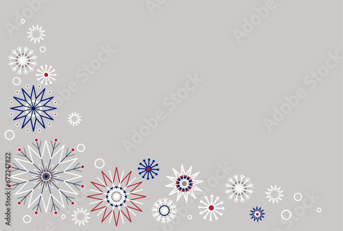 Christmas card with snowflakes with space for text. Winter background classic style in traditional colors. Many snow on grey background. Christmas mood pattern.