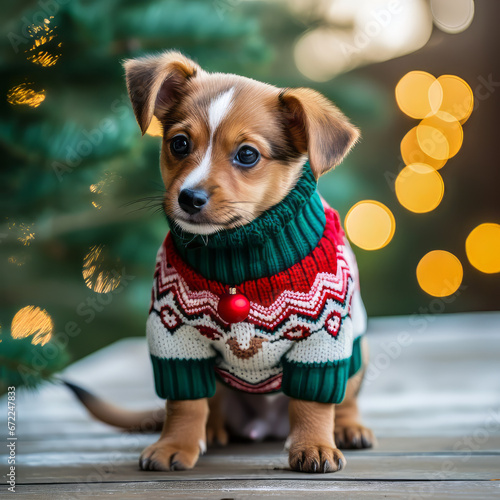 Dog Wearing Ugly Christmas Sweater. Generated Image. A digital rendering of a dog wearing an ugly Christmas sweater.