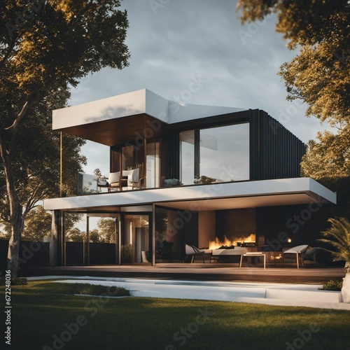AI generated illustration of a modern house in a wooded environment
