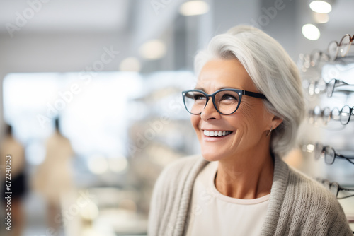 Eye care concept. Senior woman trying on new glasses and shopping for vision lens or frame. Happy customer with a smile chooses eyeglasses in optics store. Choosing the right eyeglasses