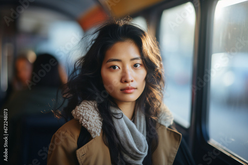 Generative AI portrait illustration of traveler person using public city transport blurred town view