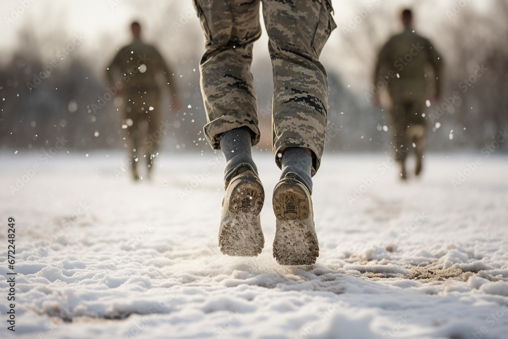 Made with generative AI close up photo of military legs on the battlefield ground snowy street outdoors Made with generative AI close up photo of military legs on the battlefield ground snowy street outdoors