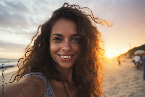 Generative AI picture portrait of young traveler girl making summer ocean vacation selfies near sea waves