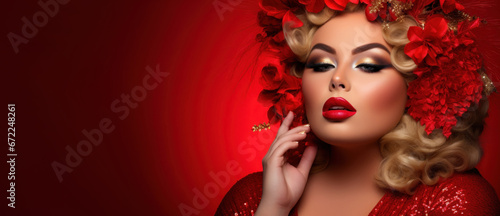 Portrait of a plump, donut, plus size fashion model girl with extravagant colorful creative art makeup. Abstract red makeup splash