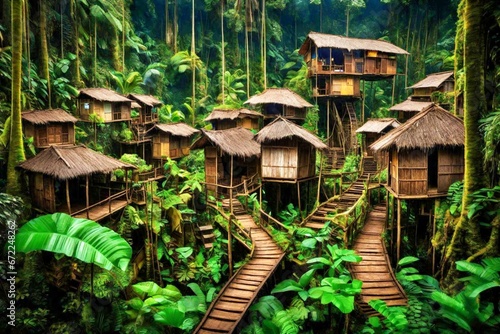 hut in the jungle, cottages, cottages in jungle, greenwood, bridge of woods, way of woods,view of wooden huts , huts, © Syed