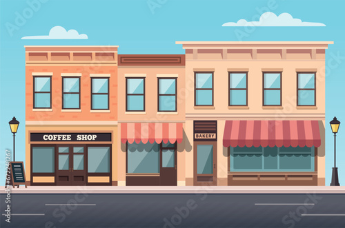 Shops and commercial buildings exterior on city street. Cartoon town. Vector stock