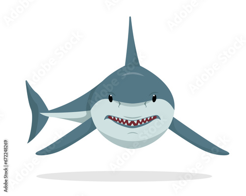 Angry Shark animal icon front view. Underwater swimming shark, toothy fish mascot, sea fauna character. Ocean aquatic shark animal. Vector flat or cartoon illustration isolated on white background.