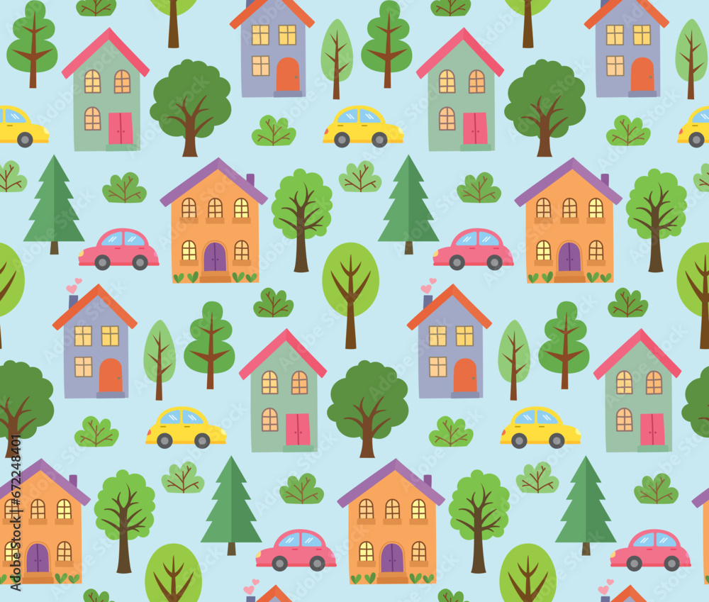 Seamless pattern with simple flat trees, cars and cute houses. Vector cartoon backdrop.	