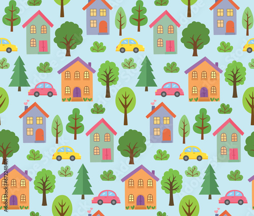 Seamless pattern with simple flat trees, cars and cute houses. Vector cartoon backdrop.	