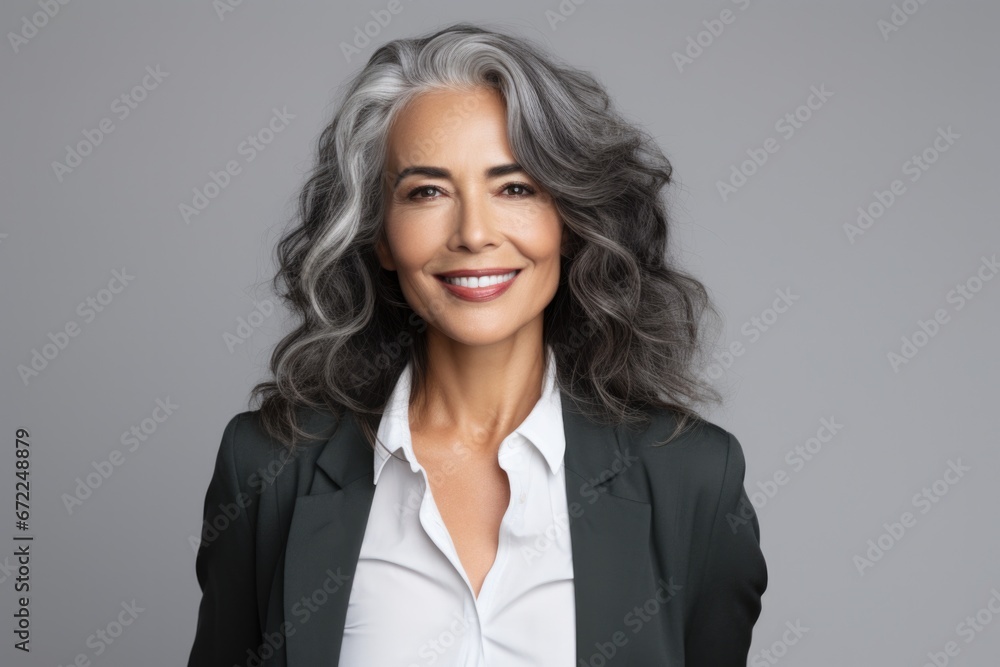 Stylish confident adult 50 years old female psychologist standing and looking at camera at gray background. Portrait of sophisticated grey hair woman advertising products and services. Stylish confident adult 50 years old female psychologist standing and looking at camera at gray background. Portrait of sophisticated grey hair woman advertising products and services.