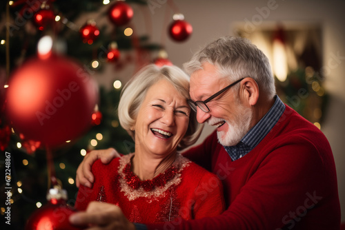 Senior couple sitting in the living room together during Christmas. Senior couple having fun spending winter holiday season together at home. © Dina Photo Stories