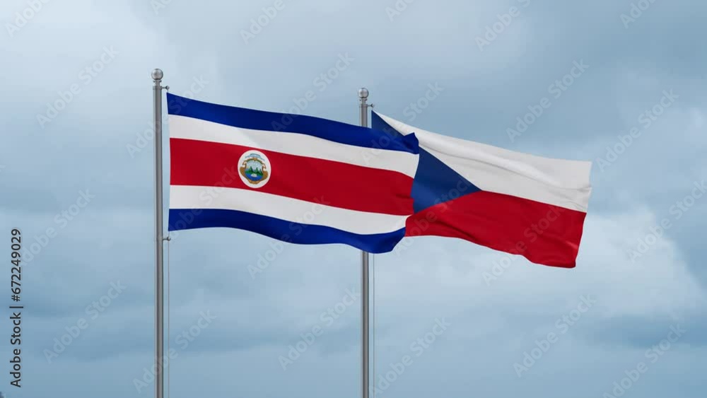 Czech Republic flag and Costa Rico flag waving together on cloudy sky, endless seamless loop, two country relations concept Czech Republic flag and Costa Rico flag waving together on cloudy sky, endless seamless loop, two country relations concept