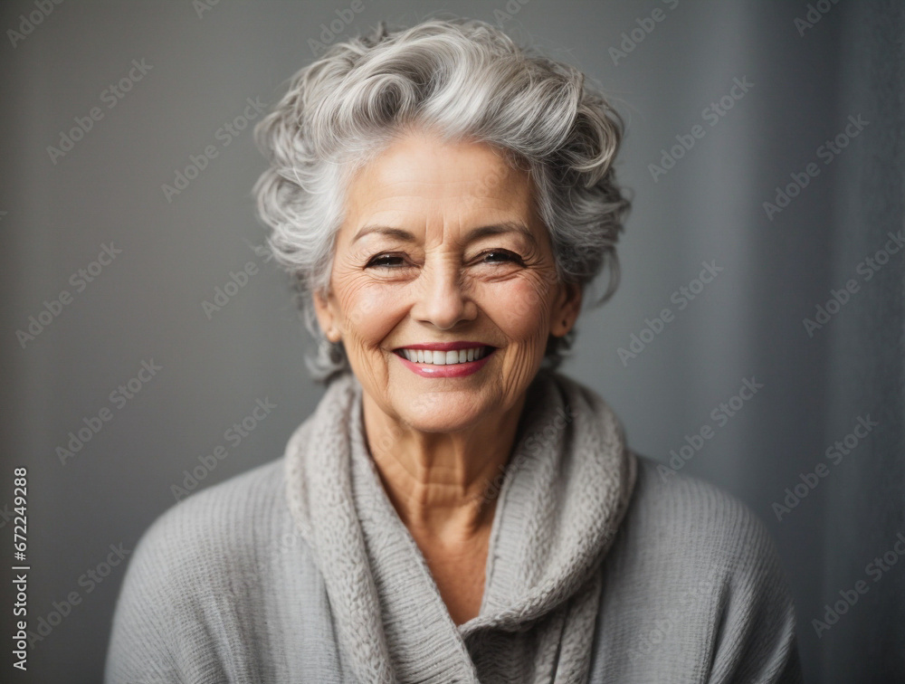 Fototapeta premium Beautiful gorgeous 50s mid age beautiful elderly senior model woman with grey hair laughing and smiling on a gray background