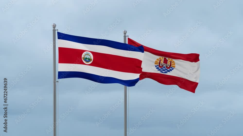 French Polynesia flag and Costa Rico flag waving together on cloudy sky, endless seamless loop, two country relations concept French Polynesia flag and Costa Rico flag waving together on cloudy sky, endless seamless loop, two country relations concept